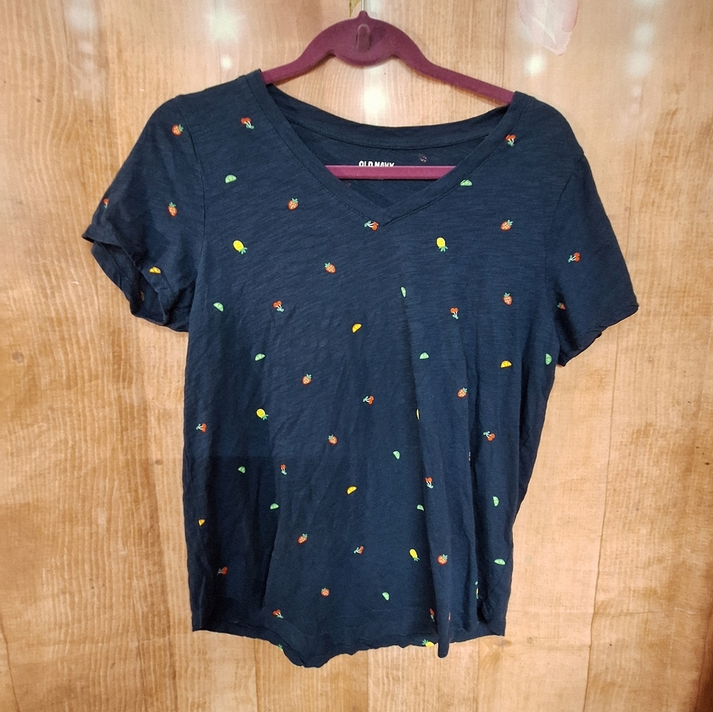 Old Navy blue v-neck t-shirt size medium fruit print
